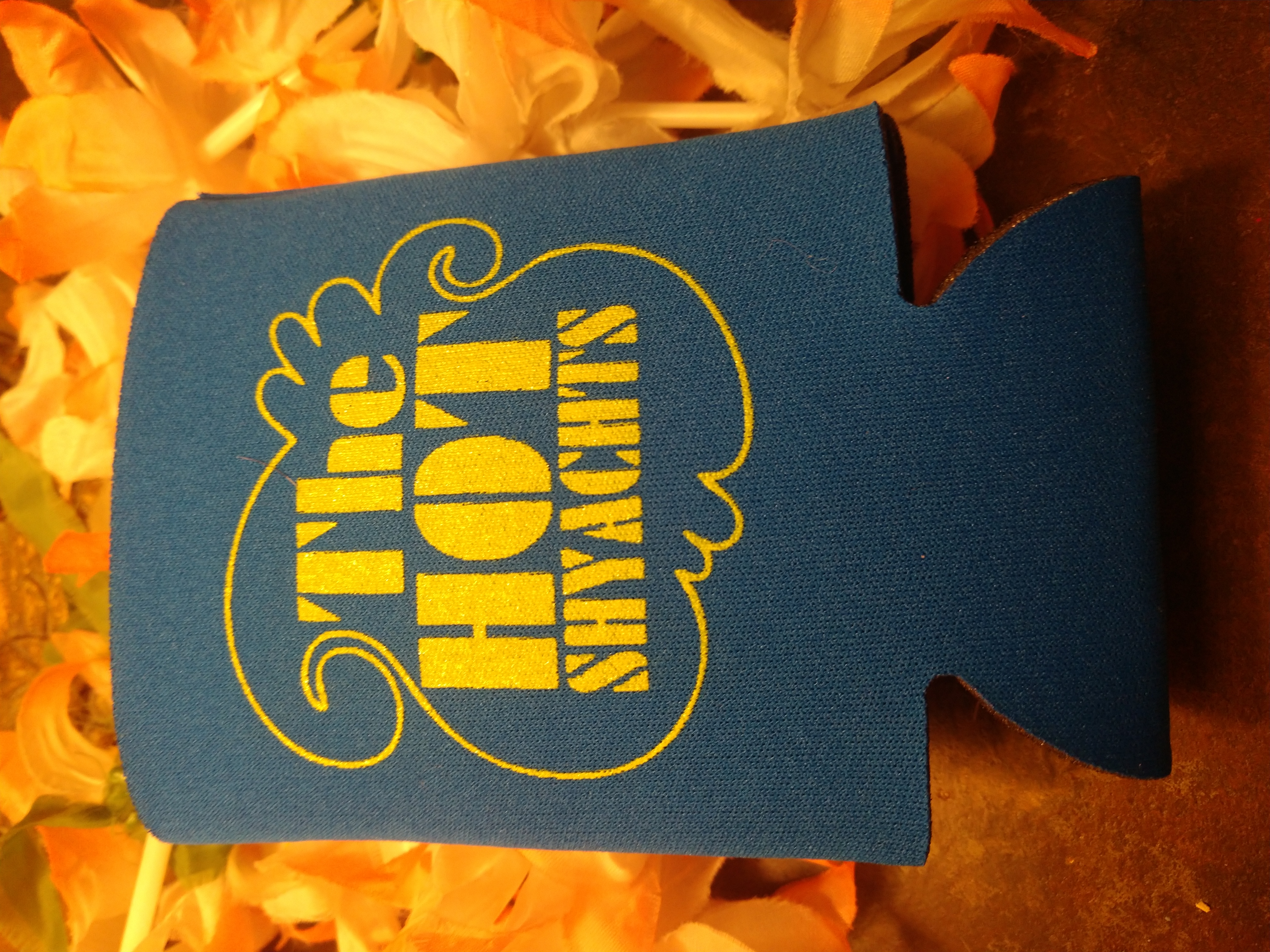 Blue koozie with yellow Hot ShYachts logo